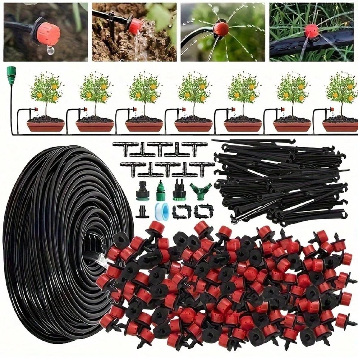 Kit d'irrigation goutte-à -goutte de jardin Système d'arrosage automatique de plantes avec buses réglables pour terres agricoles, bonsaïs, fleurs,